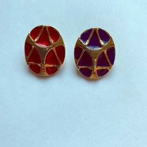 Vintage Gold Red and Blue Oval Jewel-tone Earrings